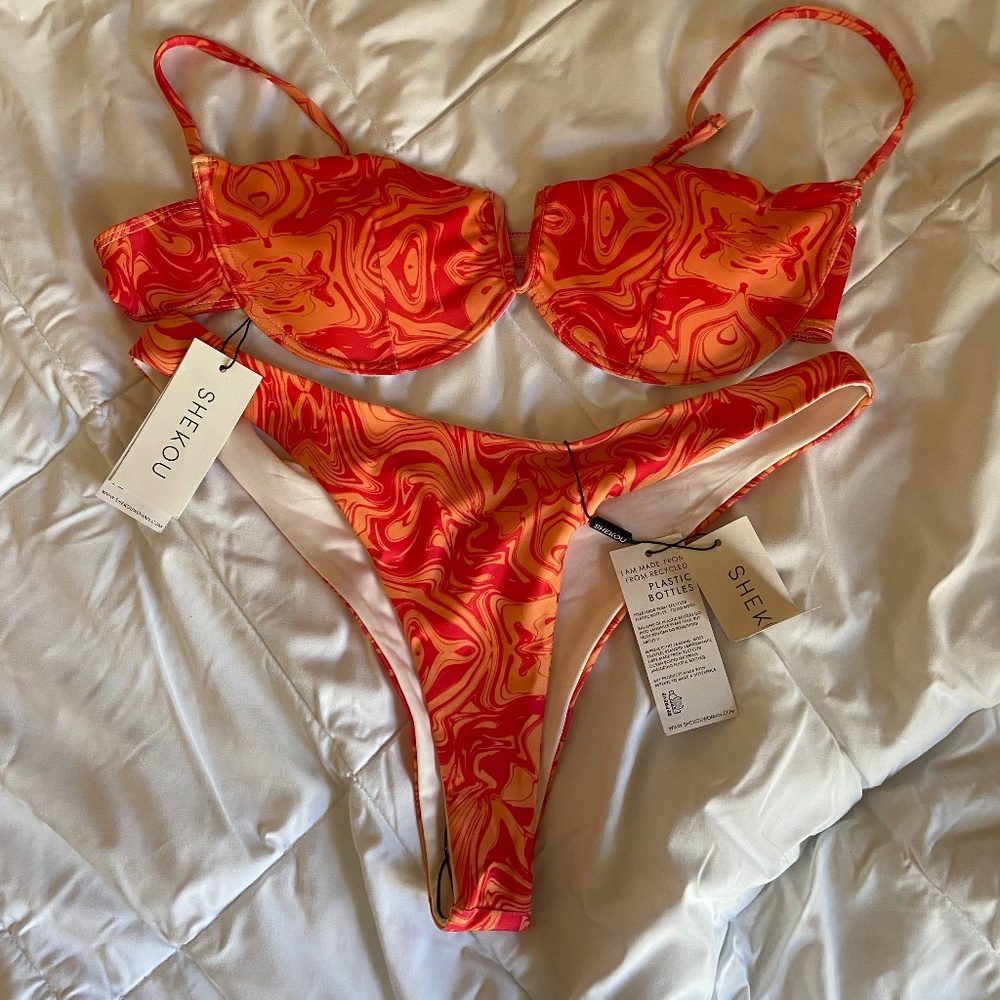 SHEKOU Pink/Orange Swirl Print Bikini